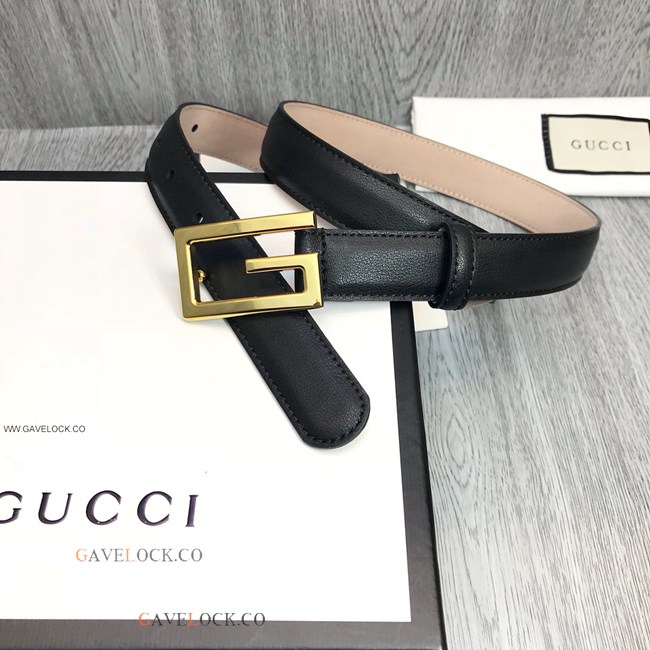 Gucci Slim Black Leather Belt Interlocking Buckle For Women